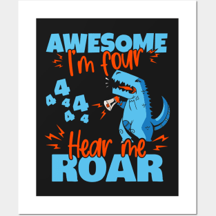 Kids I'm Four Hear Me Roar 4th Birthday Dinosaur design Posters and Art